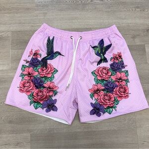 YoungLA Floral Hummingbird Shorts Mens XL Pink Mesh Streetwear Gym Athletic